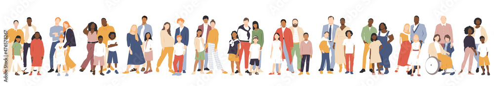 Multicultural group of mothers and fathers with kids. Flat vector illustration. Multicultural group of mothers and fathers with kids. Flat vector illustration.