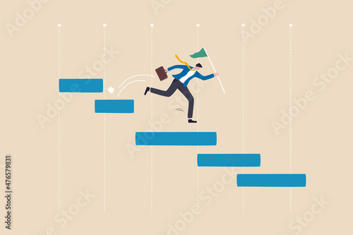 Project management gantt chart to track complete tasks and workflow to launch within target timeline concept, businessman project manager with winning flag jump on project management diagram. photo