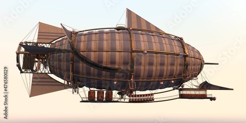 A huge brown steampunk airship against empty background. Vintage concept. Beautiful fantasy 3D illustration. Fantastic wallpaper.