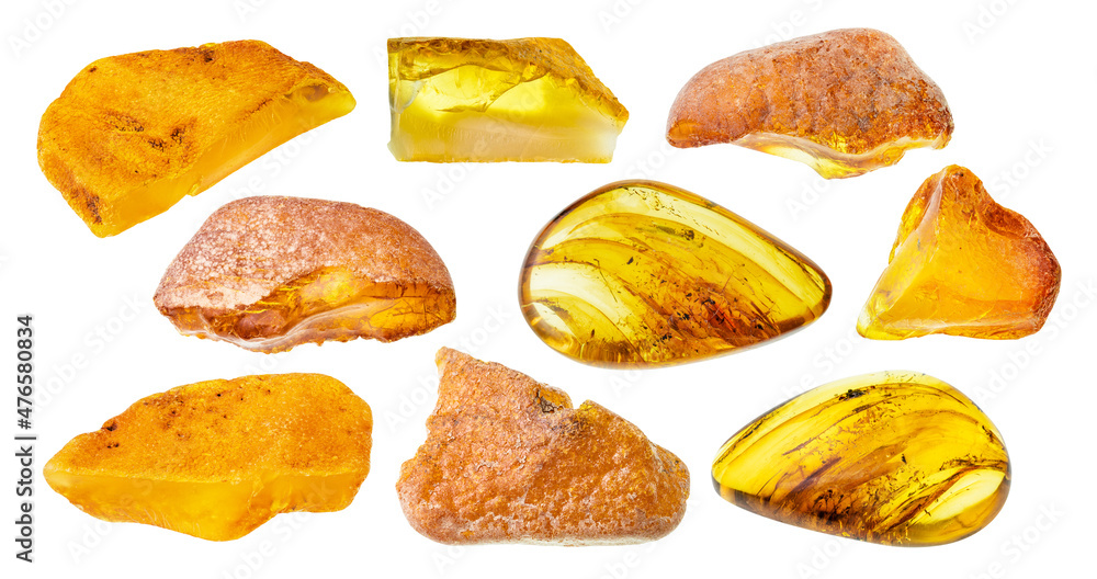 set of various amber gem stones cutout on white set of various amber gem stones cutout on white