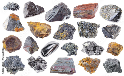 set of various iron ore minerals cutout on white
