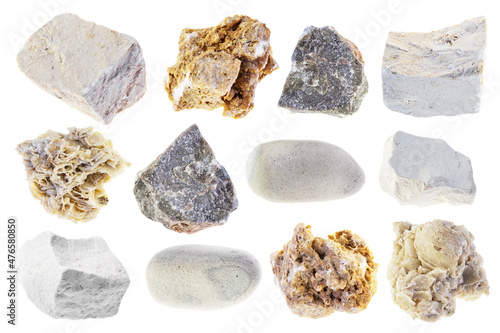 set of various limestone stone cutout on white photo