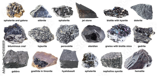 set of various raw black rocks with names cutout