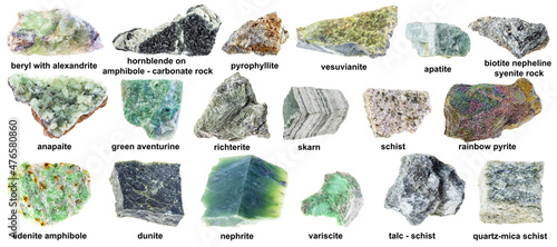 set of various unpolished green stones with names