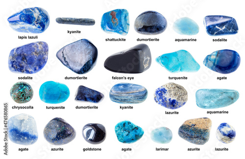 set of various unpolished blue stones with names photo