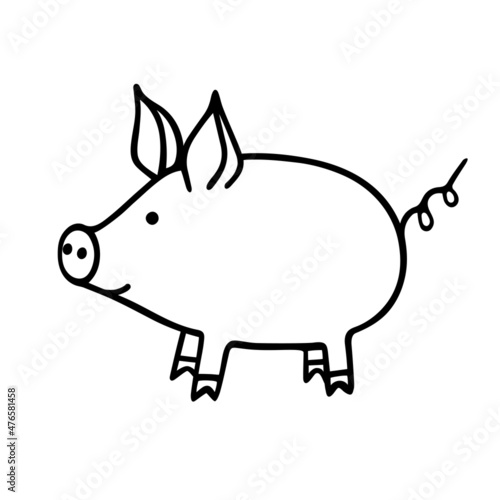 Cute cartoon piglet in doodle style. Isolated piggy on white background. Outline of pig.