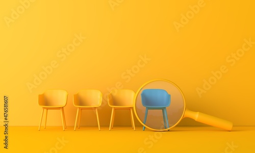 Searching for a new job opportunity. Office chair with magnifying glass. Recruitment concept. 3D Render photo
