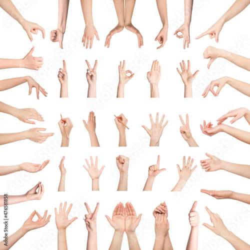 Collection of female hands gesturing on white background