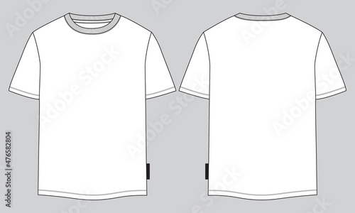 Regular fit Short sleeve T-shirt technical Sketch fashion Flat Template. Vector illustration basic apparel design front and Back view. Easy edit and customizable.