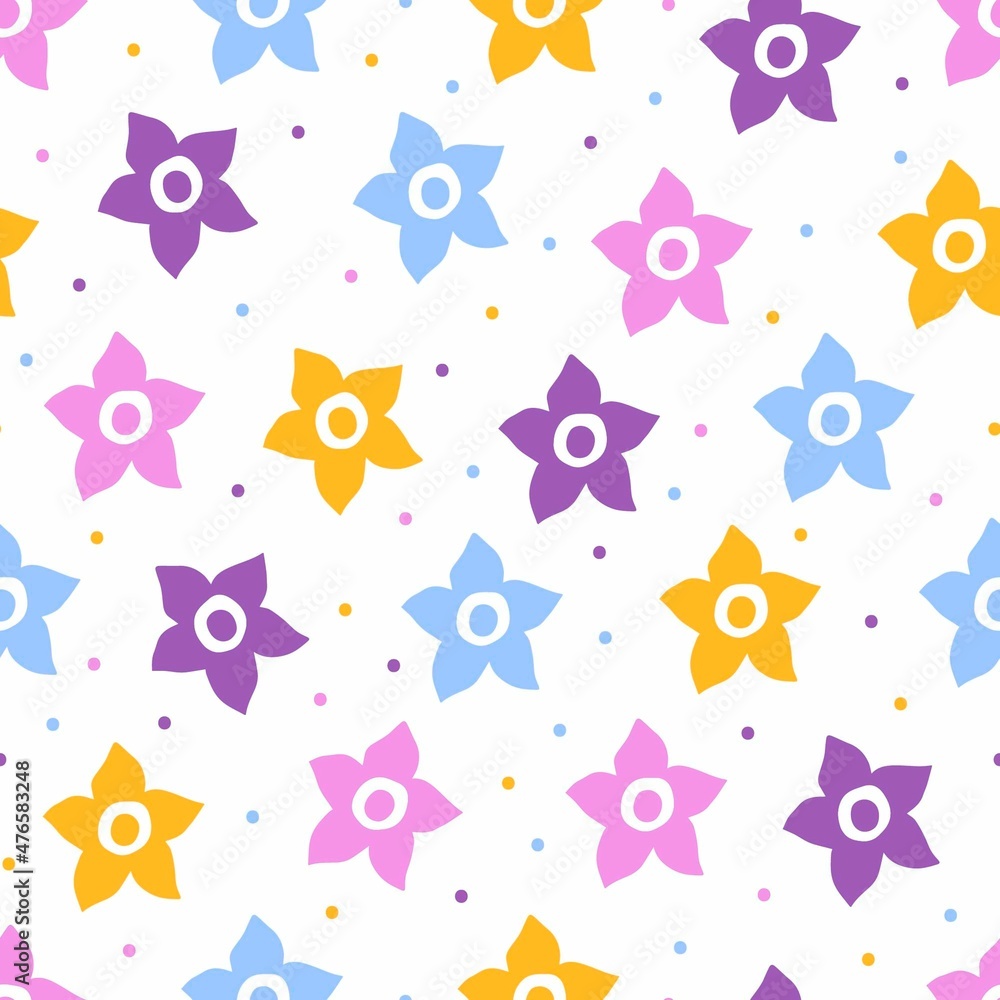 Simple floral calm vector seamless pattern. Multicolored flowers stars, dots on a white background. For prints of children's fabric, bed linen, clothing, textile products, stationery.