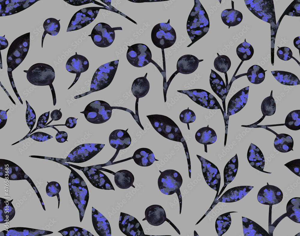 Christmas ornament with snow-covered berries, seamless pattern. Hand- drawn watercolor blueberries and leaves on grey. Perfect for greeting cards, postcards, logo, textile, fabric, packaging, wrapping Christmas ornament with snow-covered berries, seamless pattern. Hand- drawn watercolor blueberries and leaves on grey. Perfect for greeting cards, postcards, logo, textile, fabric, packaging, wrapping