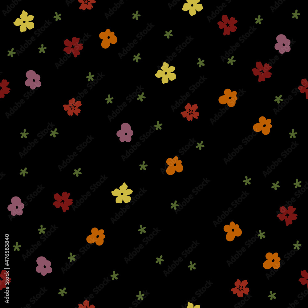 Christmas seamless pattern with isolated painted winter flowers on black background. Cute vector illustration for paper, textile, fabric, prints, wrapping, greeting cards, banners