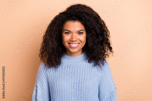 Photo of young cheerful lady toothy smile visit dentist clinic whitening isolated over beige color background