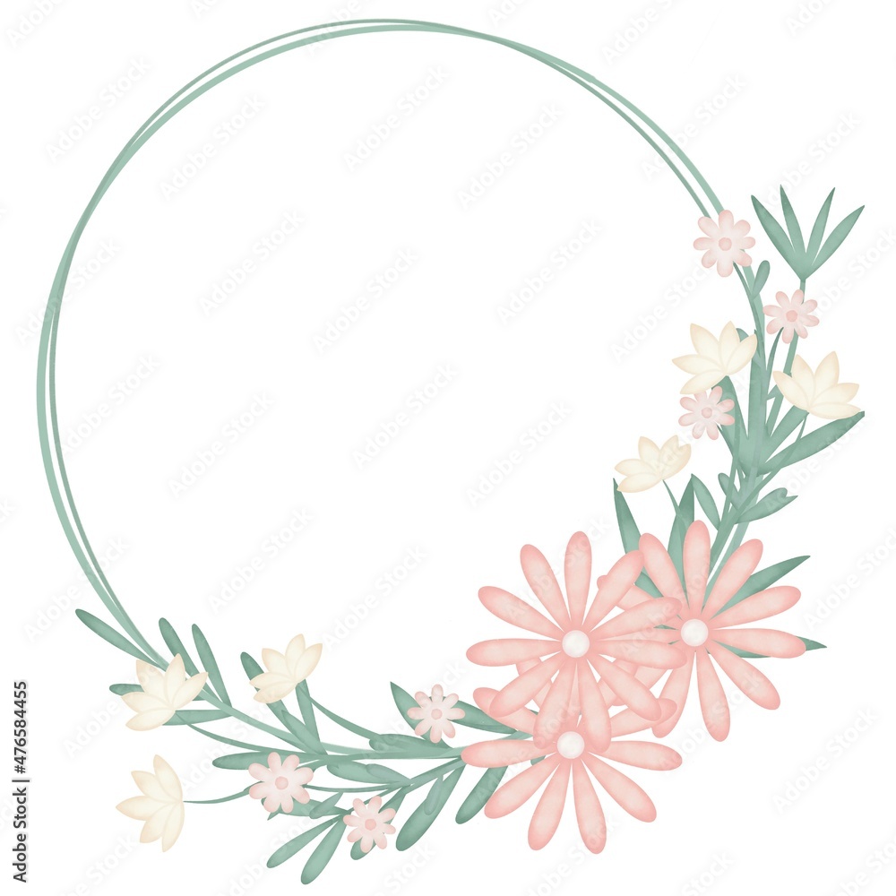 Spring wreath with small flowers and greenery. Round floral botanical frame. Deciduous circular template for greeting card, wedding invitation or congratulation