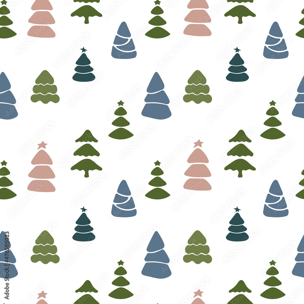 Obraz premium Christmas seamless pattern with isolated painted christmas trees on white background. Cute vector illustration for paper, textile, fabric, prints, wrapping, greeting cards, banners