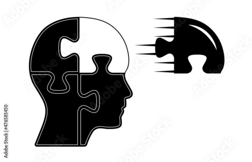 Black head made from four puzzle pieces, one piece is missing illustration. Logical thinking concept design to use for business, brainstorm, decision, success, challenge projects and presentations.