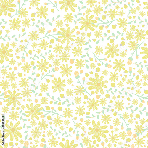Floral pattern. Pretty flowers on white background. Printing with small yellow flowers. Ditsy print. Seamless texture. Cute summer flower patterns. elegant template for fashionable printers