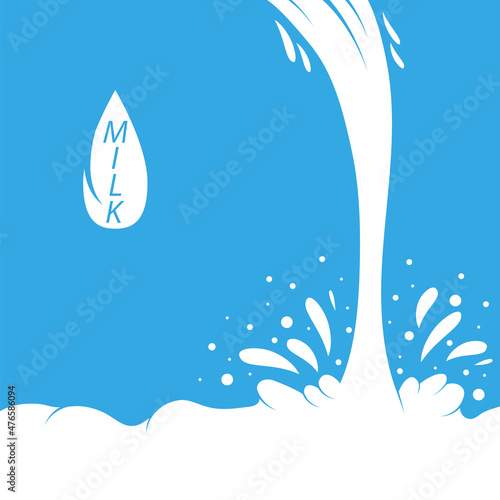 Pouring Milk Splash on Blue Background. White Creamy Liquid Drops. Fresh Farm Milky Flow Drink. Minimalist Poster