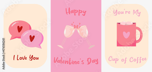 Valentine's Day set of 3 cards, also perfect for stickers, posters, banners. simple and cute illustrations of chat clouds, hearts, wineglasses, celebration, pink coffee cup, cute lettering © pineapple83