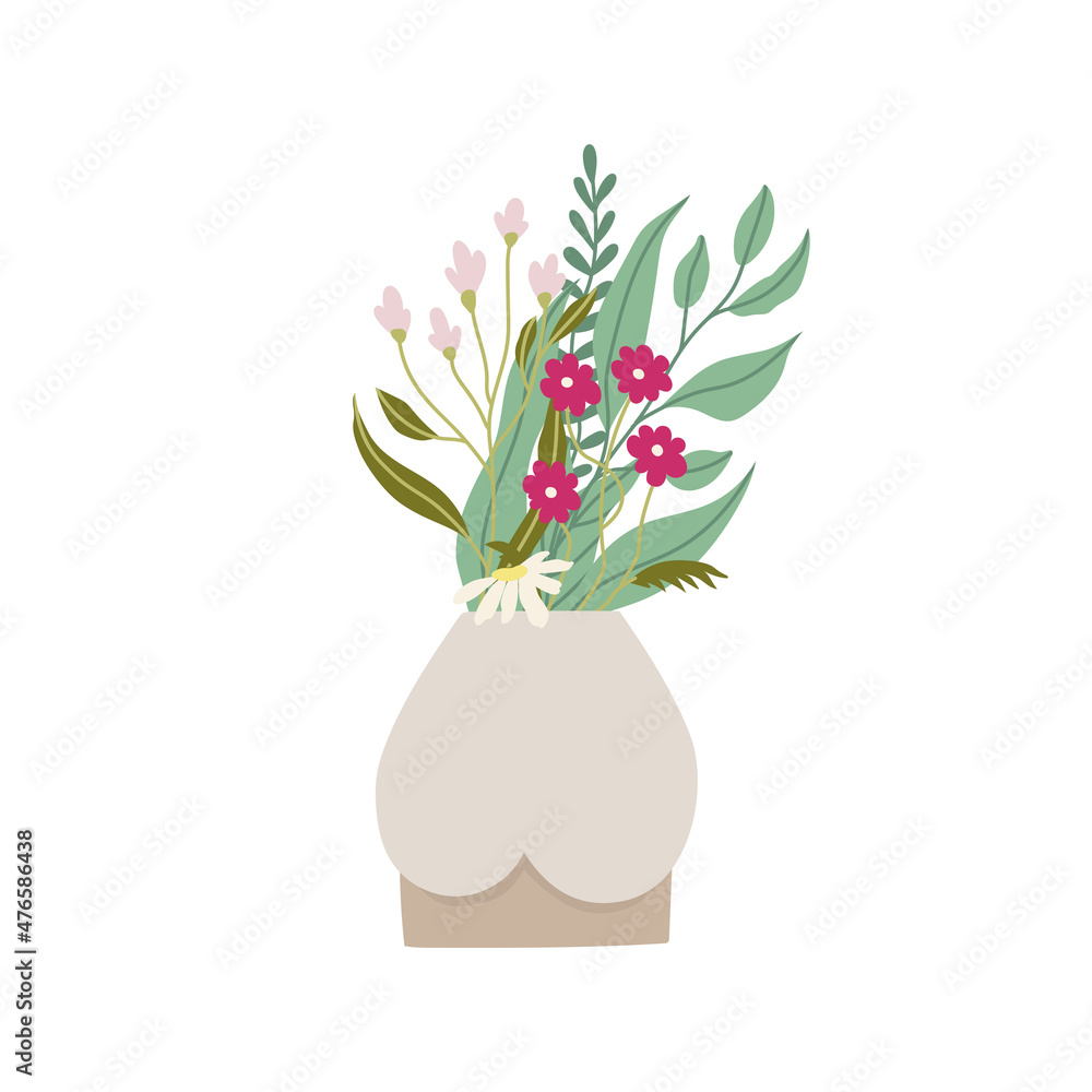Floral bouquet in a vase. Hand drawn flat illustration. Vector isolated on white background. 