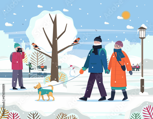 Senior active lifestyle outdoor concept. Senior couple walking with dog in the park, woman taking pictures of nature, man reading a book on the landscape background. Winter vector flat illustration.