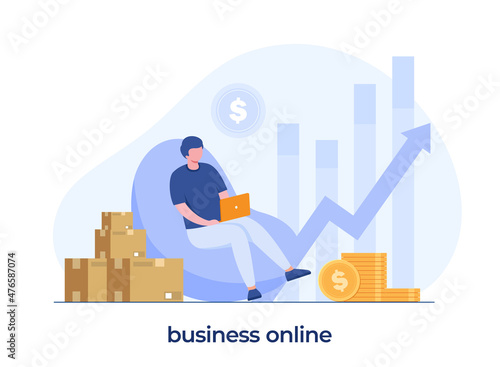 business online, e-commerce concept, businessman, online shop, website, flat illustration vector background