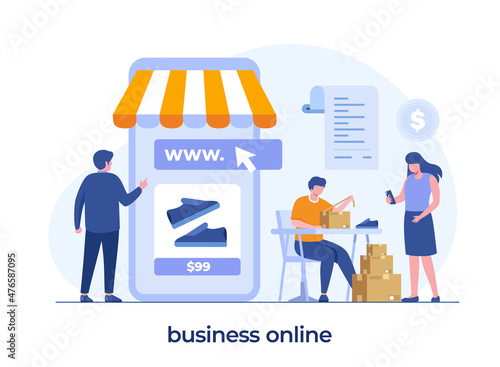 business online, e-commerce concept, businessman, online shop, website, flat illustration vector background
