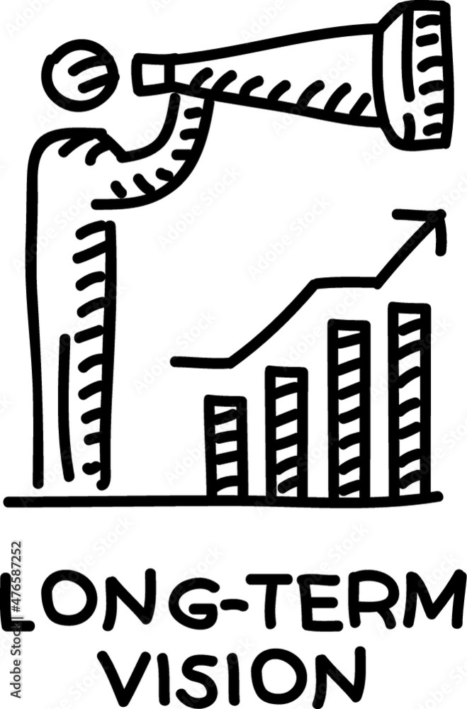 Long term vision. Man with the telescope and the chart with the arrow which is pointed on the top. Leadership. Sketchy vector hand-drawn illustration.
