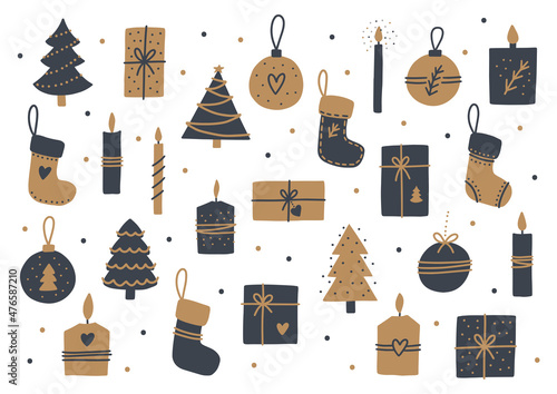 Scandinavian Christmas set. Hand drawn Doodle elements. Vector illustration.