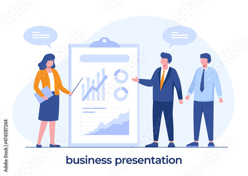 business presentation, discussion, brainstorming, finance and business flat vector template and background