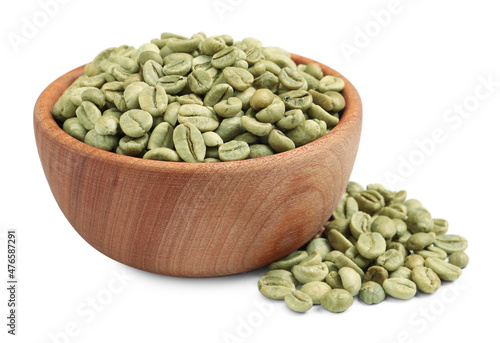 Wooden bowl with green coffee beans on white background