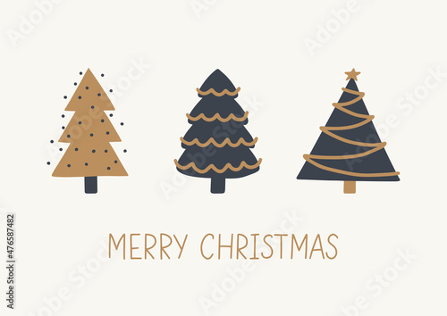 Christmas card. Merry Christmas hand lettering. Christmas tree. Hand drawn Doodle elements. Vector illustration.