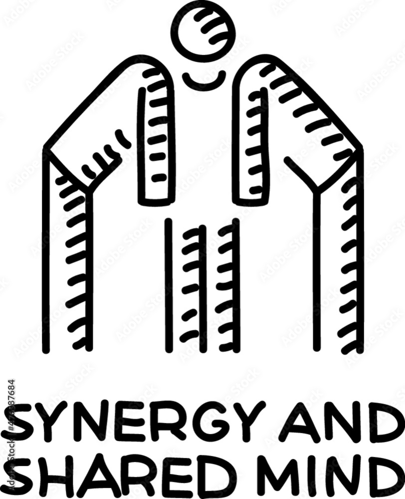Synergy and shared mind Two people are staying sideway and building the third man in front view Group Of People. Sketchy vector hand-drawn illustration.