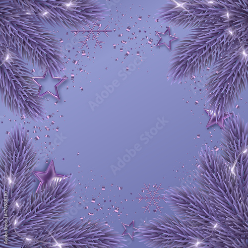 Very peri background. Christmas Tree Branches Decorated with shine garland. Illustration for luxury greeting card, banner, invitation, promotion, poster and flyer. Place for text. Vector illustration