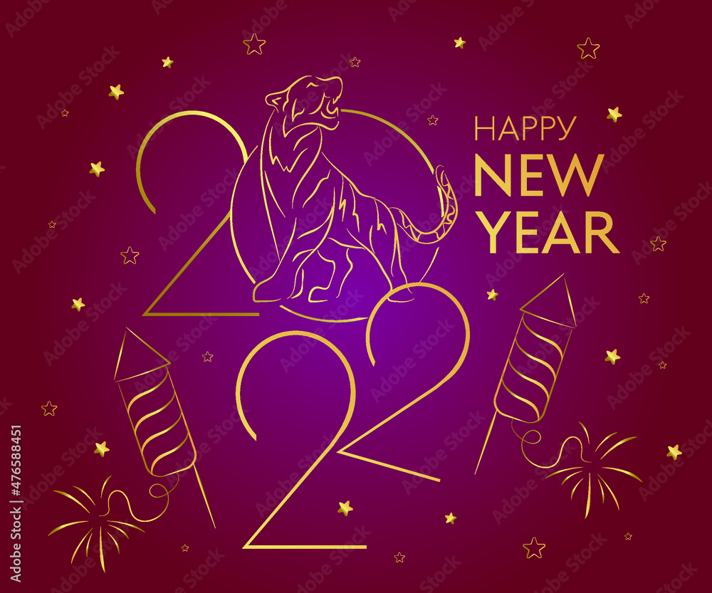 Happy chinese new year 2022, tiger zodiac sign, with gold paper cut art and craft style on colored background for greeting card, flyer, poster