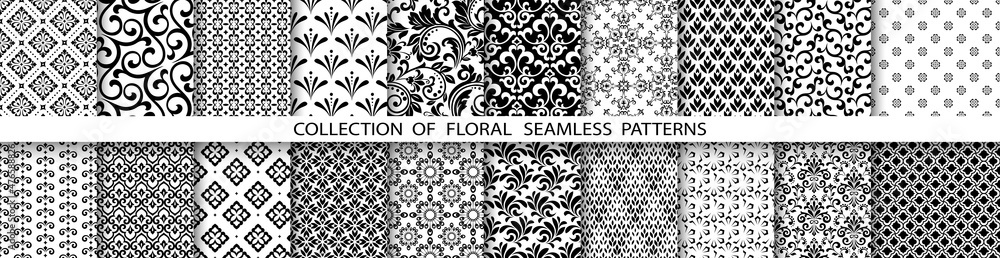 Geometric floral set of seamless patterns. Black and white vector backgrounds. Simple illustrations - obrazy, fototapety, plakaty 
