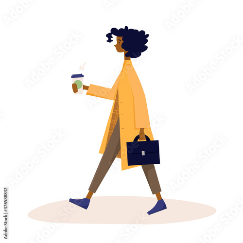 Woman with curly hair going to the work with take away coffee. Yellow coat. Cartoon vector illustration