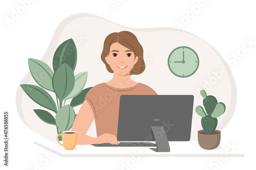 Student woman preparing for exams  using online courses, freelancer working from home. Freelance,  studying or online Education concept. Vector flat style illustration. 