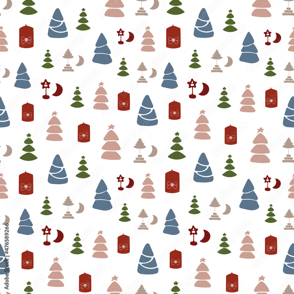 Christmas seamless pattern with isolated painted candles, trees, decorations on white background. Cute vector illustration for paper, textile, fabric, prints, wrapping, greeting cards, banners