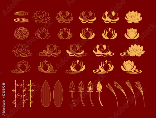 Traditional Asian floral design elements collection, chrysanthemum, lotus, bamboo, gold on red. Vector illustration. Concept, clipart for Chinese Lunar New Year, Mid Autumn Festival, CNY card, banner.