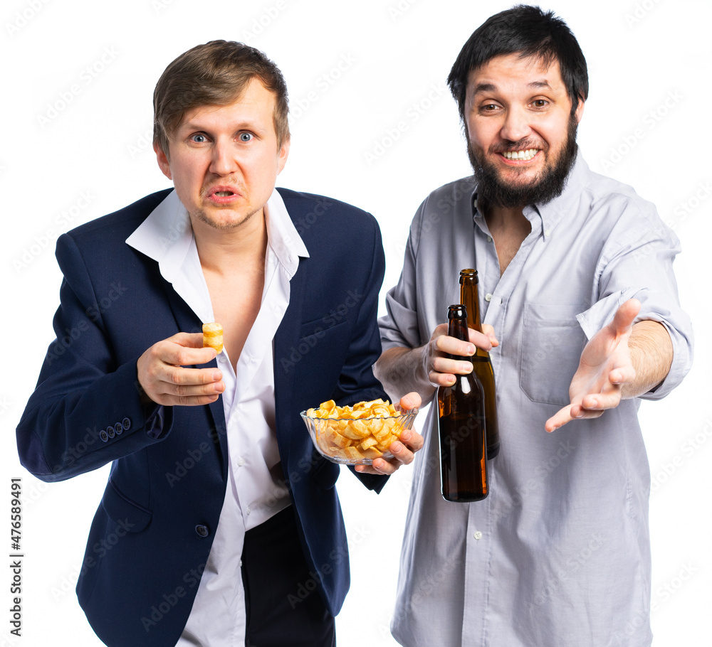 office workers in business suits rest after work, friday. male colleagues, managers are rooting for their favorite team, relaxing with beer, chips. isolated white background office workers in business suits rest after work, friday. male colleagues, managers are rooting for their favorite team, relaxing with beer, chips. isolated white background