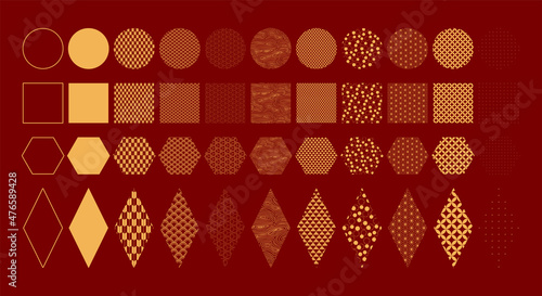 Traditional Asian geometric design elements collection with patterns, gold on red. Vector illustration. Concept, clipart Chinese Lunar New Year, Mid Autumn Festival, CNY card, banner, poster, decor.