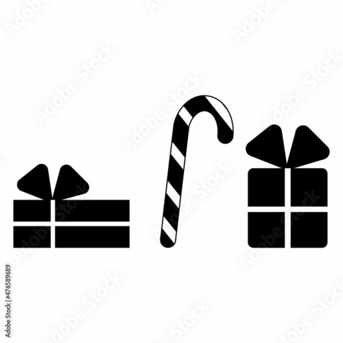 Set of festive Christmas paraphernalia gifts and candy, black isolated silhouette icon