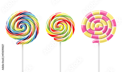 Collection multicolored realistic circle lollipop on stick vector set spiral striped sweet candy