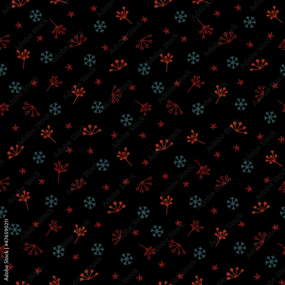 Christmas seamless pattern with isolated painted winter berries, snowflakes on black background. Cute vector illustration for paper, textile, fabric, prints, wrapping, greeting cards, banners Christmas seamless pattern with isolated painted winter berries, snowflakes on black background. Cute vector illustration for paper, textile, fabric, prints, wrapping, greeting cards, banners