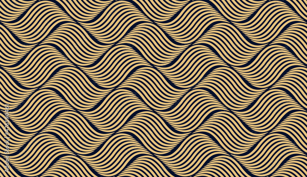 The geometric pattern with wavy lines. Seamless vector background. Gold and dark blue texture. Simple lattice graphic design The geometric pattern with wavy lines. Seamless vector background. Gold and dark blue texture. Simple lattice graphic design