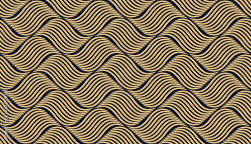 The geometric pattern with wavy lines. Seamless vector background. Gold and dark blue texture. Simple lattice graphic design