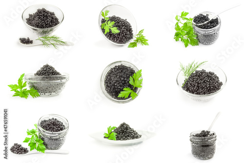 Collage of sturgeon caviar isolated on white