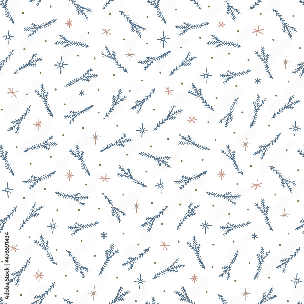 Christmas seamless pattern with isolated painted branches, snowflakes on white background. Cute vector illustration for paper, textile, fabric, prints, wrapping, greeting cards, banners
