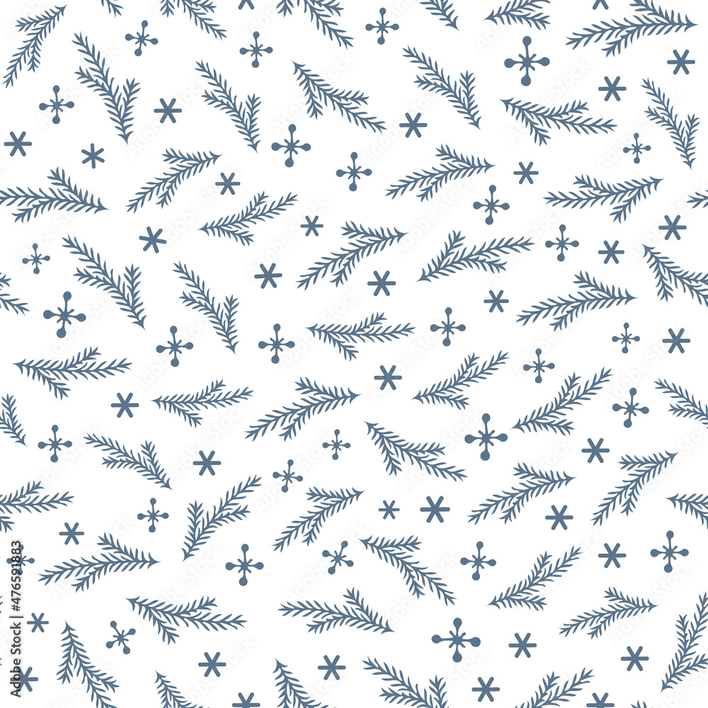 Fototapeta premium Christmas seamless pattern with isolated painted branches, snowflakes on white background. Cute vector illustration for paper, textile, fabric, prints, wrapping, greeting cards, banners